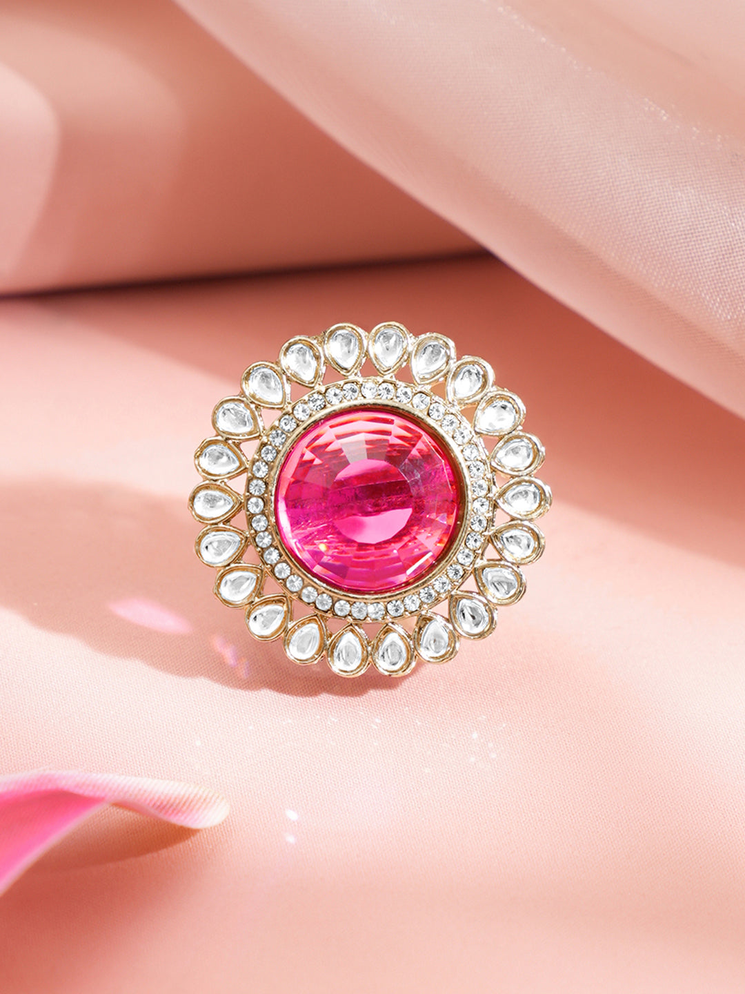 Rani Pink Kundan Luxe Cocktail Ring フリーサイズ