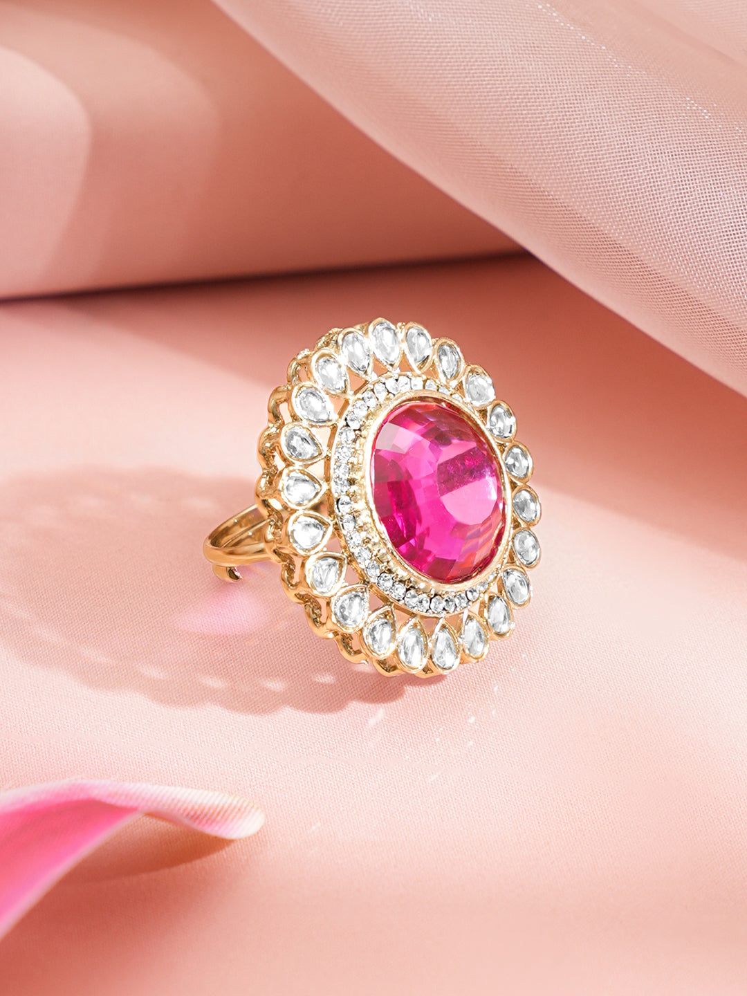 Rani Pink Kundan Luxe Cocktail Ring フリーサイズ