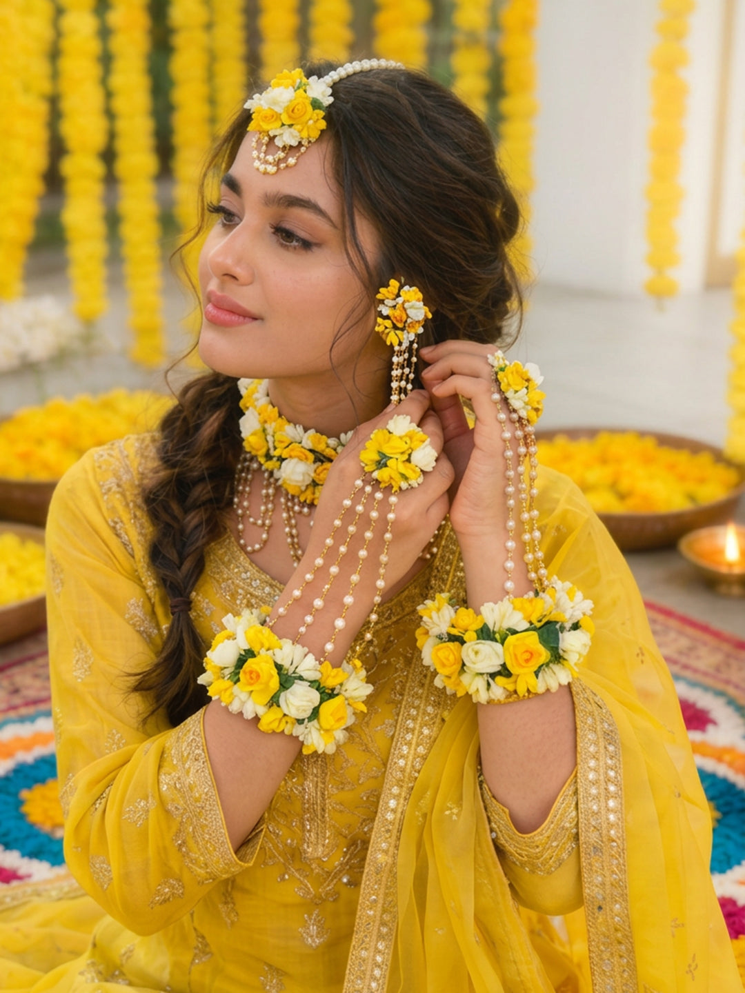 【Rubans】 Gold Plated Pearl Beaded Yellow & White Floral Choker Necklace Set With Maang Tikka & Hathphool｜ゴールドメッキ パールビーズ イエロー＆ホワイト フローラル チョーカーセット（マーンティッカ・ハスプール付き）