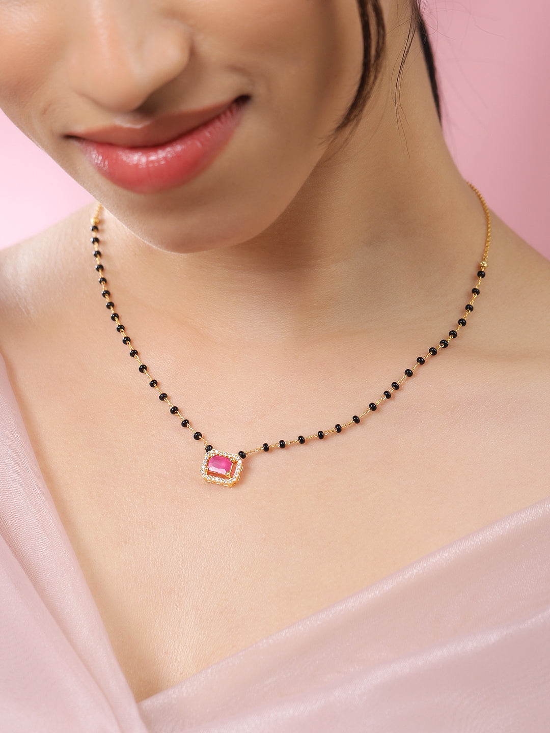Pink American Diamond Zirconia Gold Toned Mangalsutra ruby
