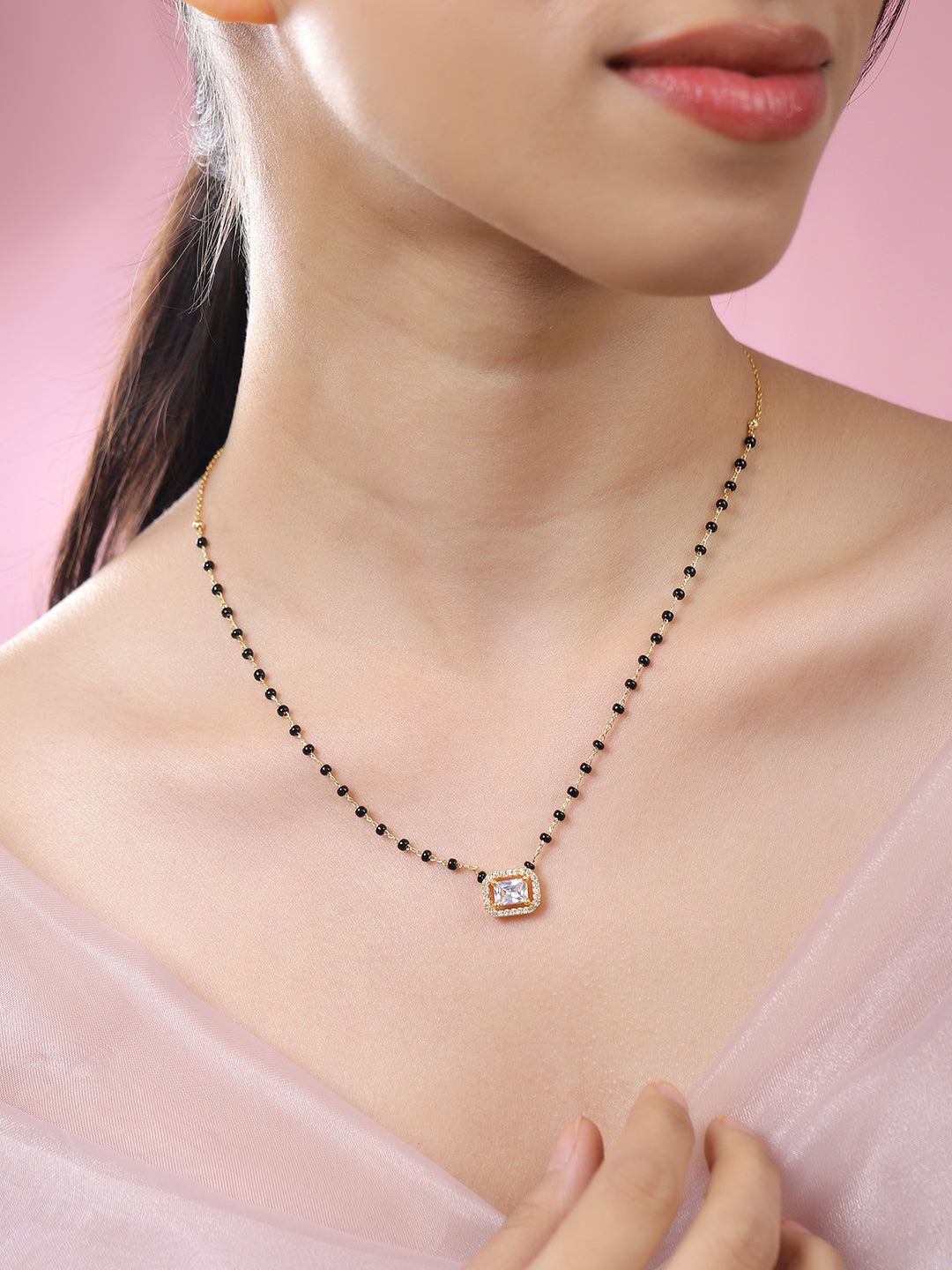 Cubic American Diamond Zirconia Gold Mangalsutra White