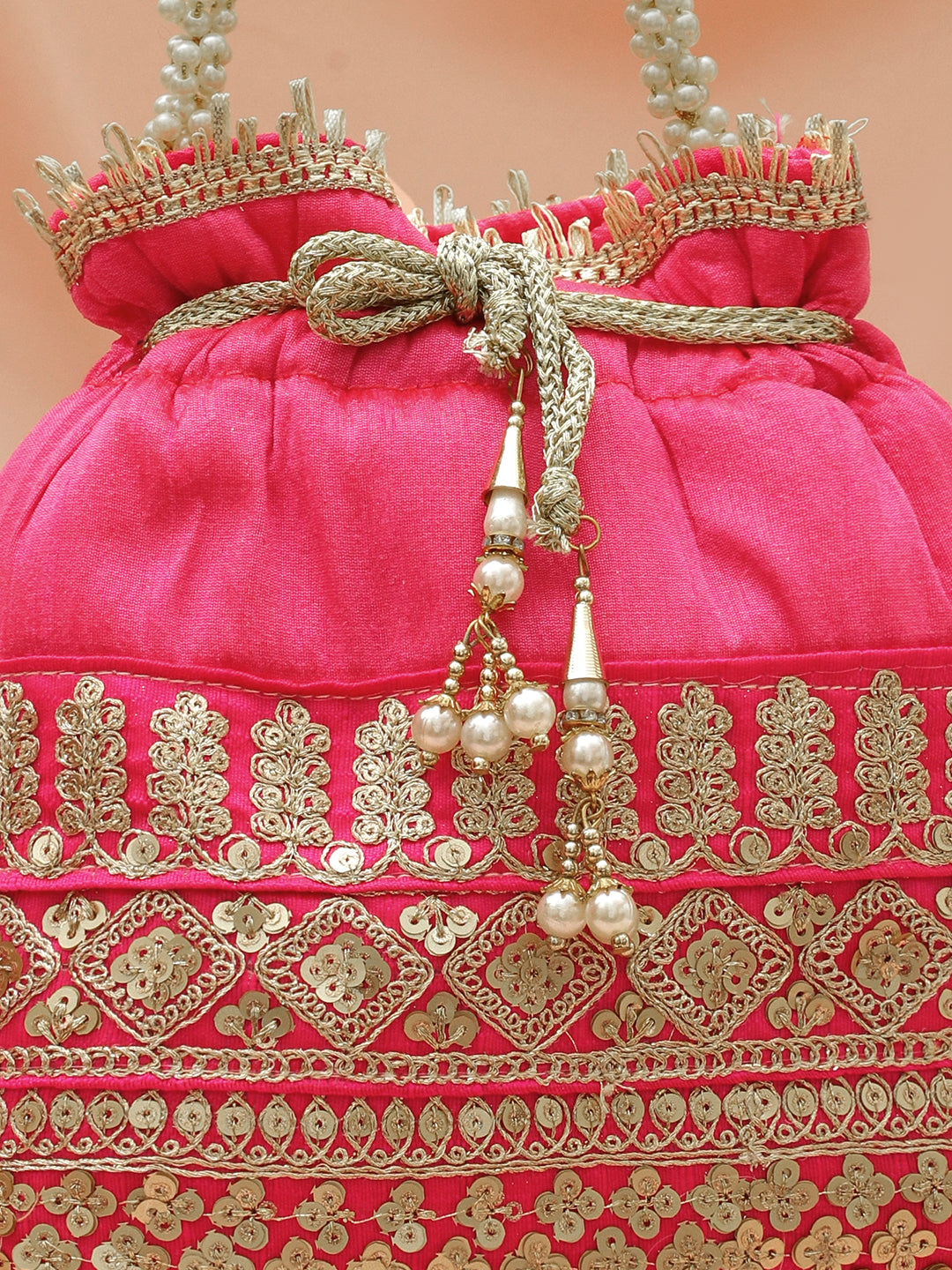Rubans Pink & Gold Embroidered Potli Bag with Pearl Handle & Beaded Tassel Detailing フリーサイズ