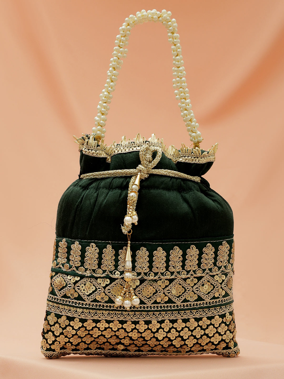 Rubans Dark Green & Gold Embroidered Potli Bag with Pearl Handle & Beaded Tassel Detailing フリーサイズ