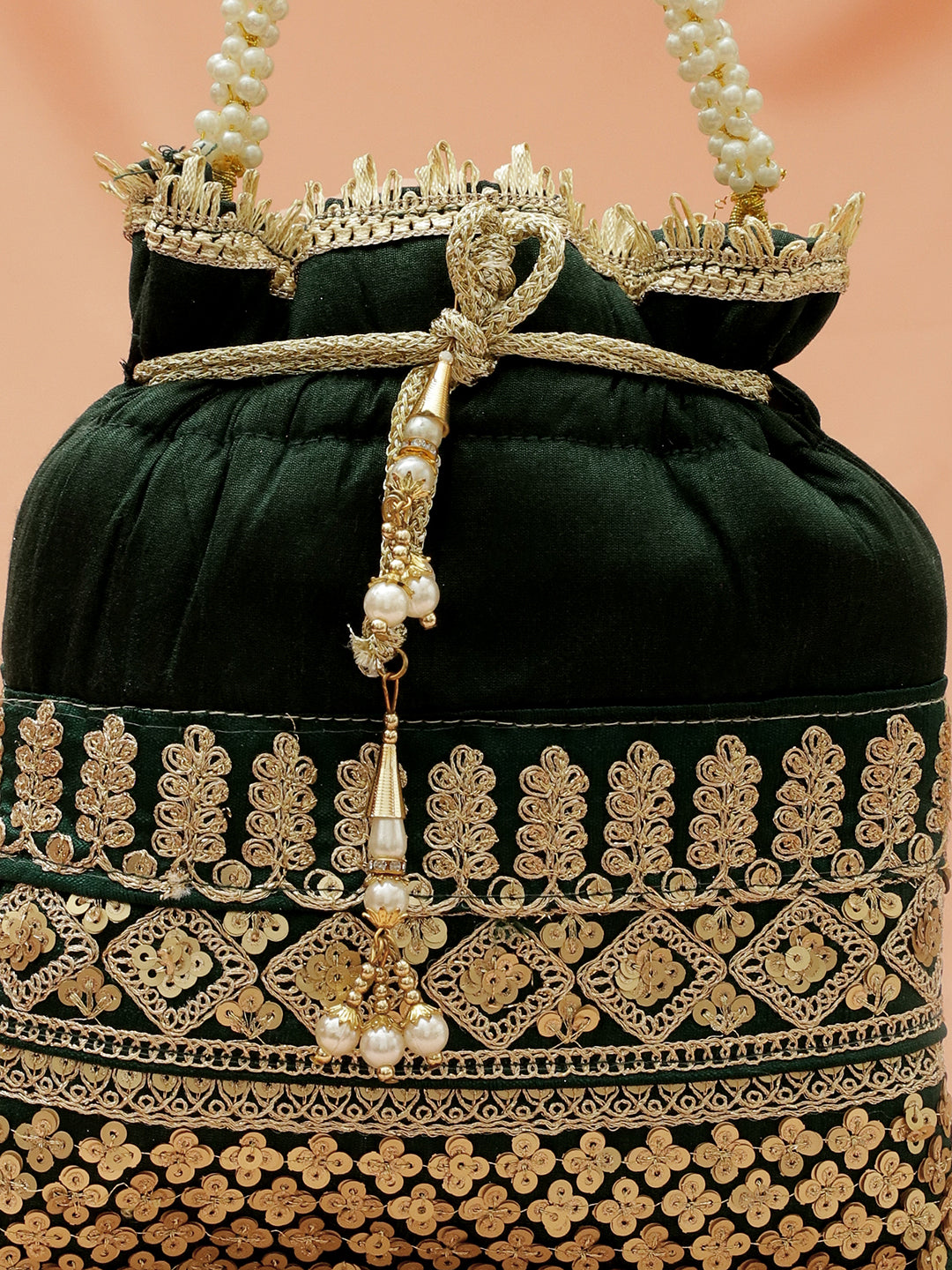 Rubans Dark Green & Gold Embroidered Potli Bag with Pearl Handle & Beaded Tassel Detailing フリーサイズ