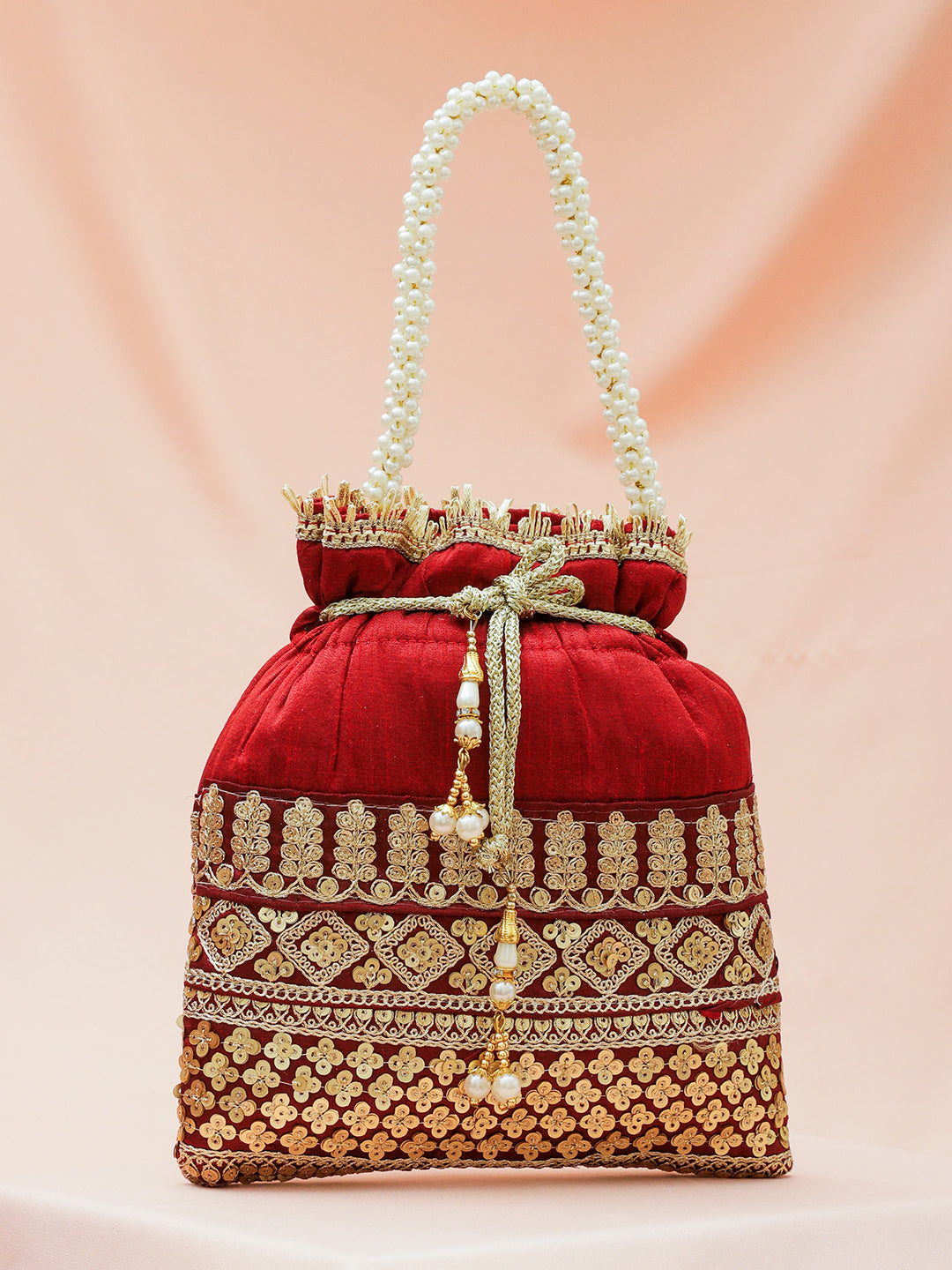 Gold Floral Embroidered Red Potli With Pearl Handle フリーサイズ