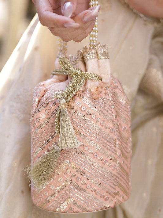 Rubans Peach Pink Sequin Embellished Potli Bag with Pearl Handle & Golden Beaded Tassel Detailing フリーサイズ