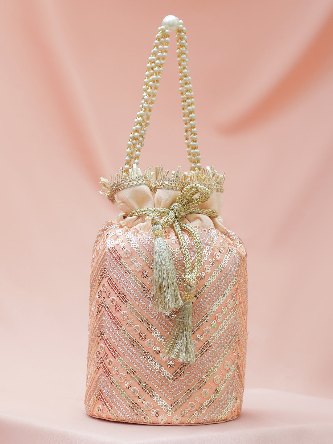 Rubans Peach Pink Sequin Embellished Potli Bag with Pearl Handle & Golden Beaded Tassel Detailing フリーサイズ
