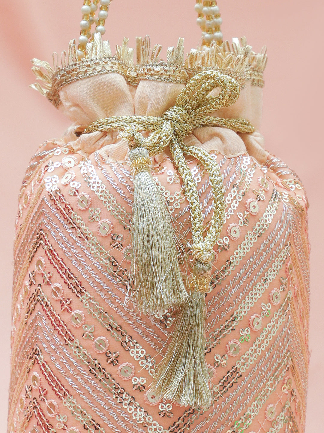 Rubans Peach Pink Sequin Embellished Potli Bag with Pearl Handle & Golden Beaded Tassel Detailing フリーサイズ
