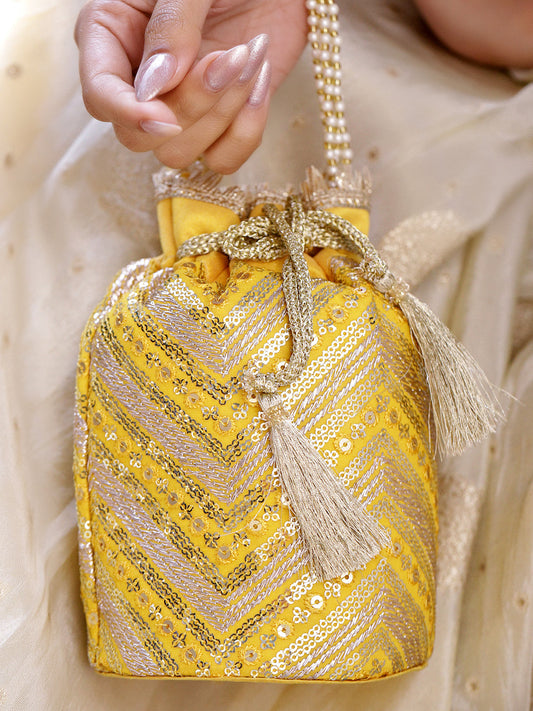 Rubans Bright Yellow Sequin Embroidered Festive Potli Bag with Pearl Handle & Golden Beaded Tassels フリーサイズ