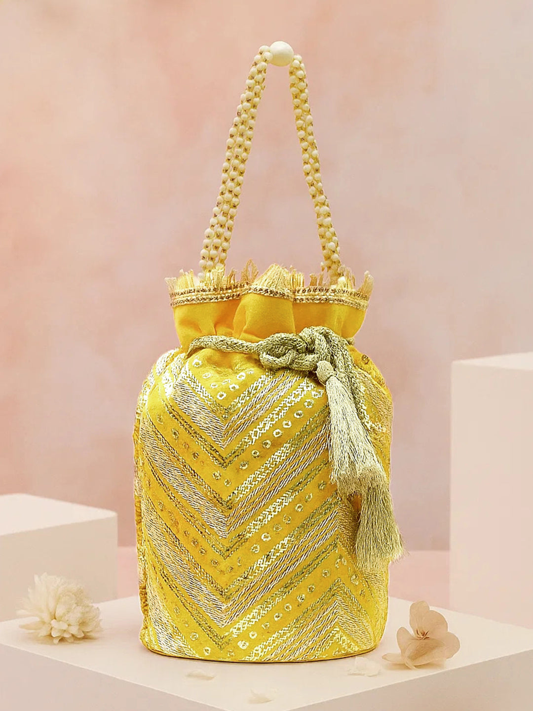 Rubans Bright Yellow Sequin Embroidered Festive Potli Bag with Pearl Handle & Golden Beaded Tassels フリーサイズ