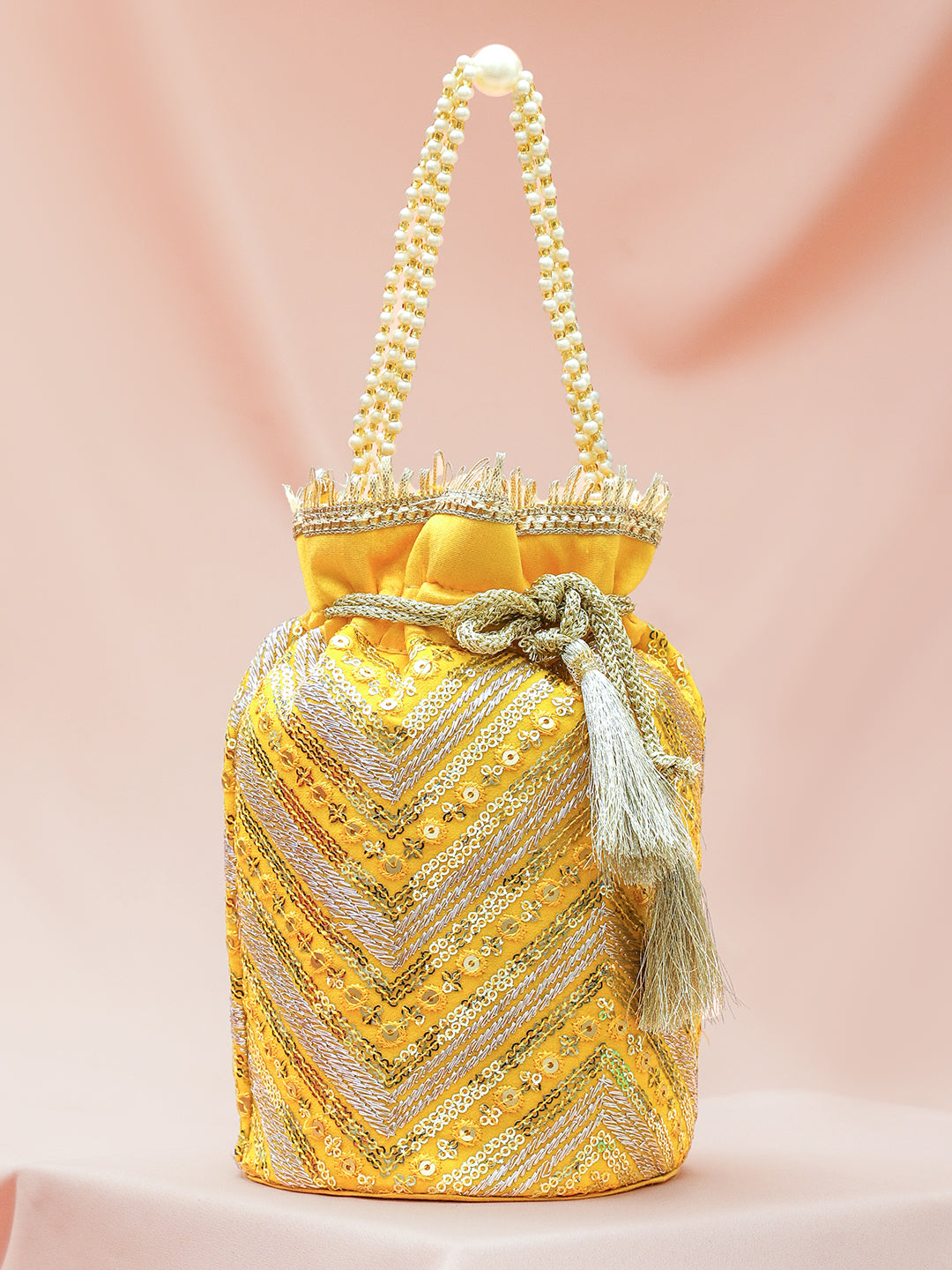 Rubans Bright Yellow Sequin Embroidered Festive Potli Bag with Pearl Handle & Golden Beaded Tassels フリーサイズ