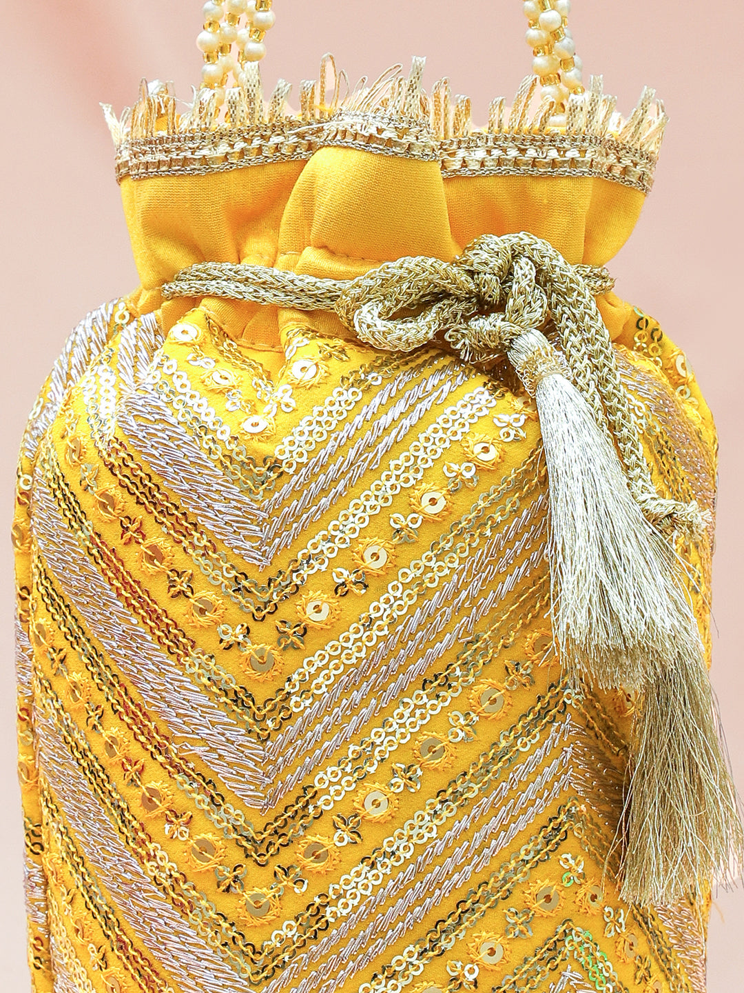 Rubans Bright Yellow Sequin Embroidered Festive Potli Bag with Pearl Handle & Golden Beaded Tassels フリーサイズ