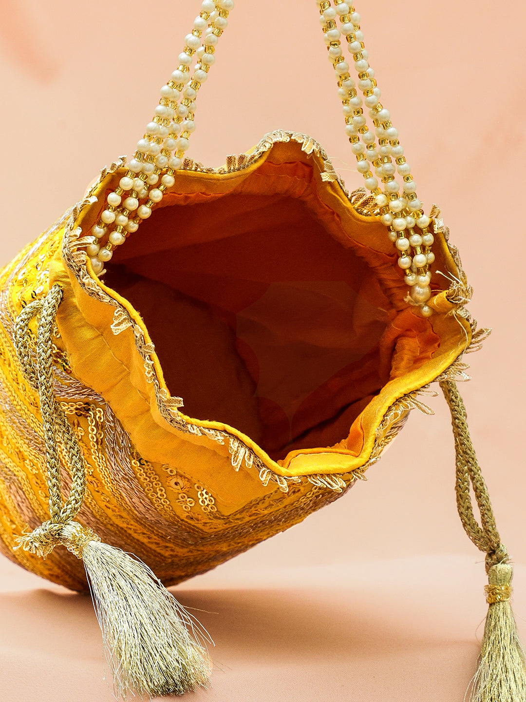 Rubans Bright Yellow Sequin Embroidered Festive Potli Bag with Pearl Handle & Golden Beaded Tassels フリーサイズ