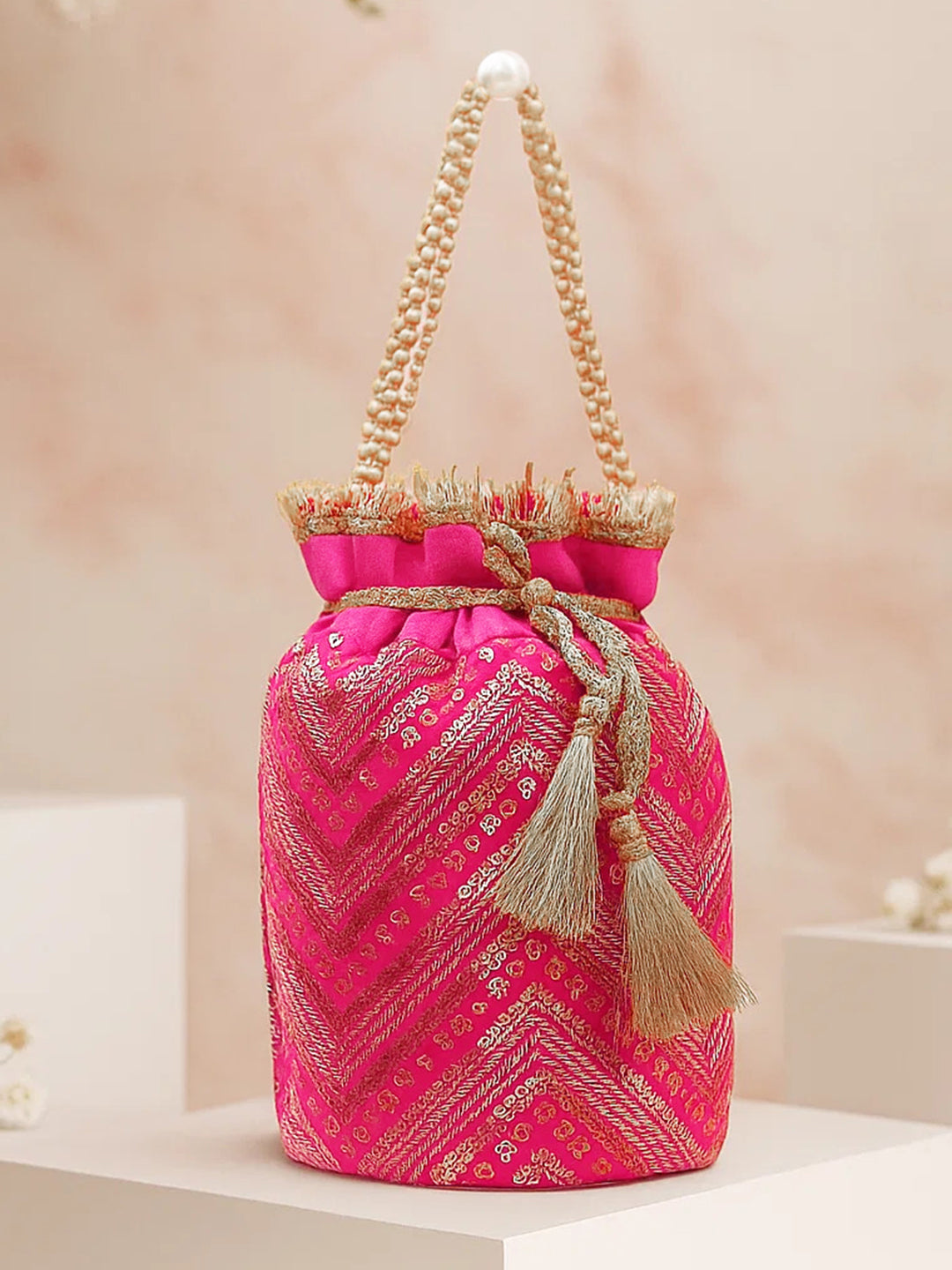 Rubans Hot Pink Sequin Embroidered Festive Potli Bag with Pearl Beaded Handle & Golden Tassels フリーサイズ