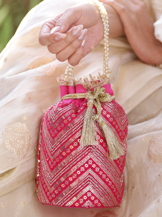 Rubans Hot Pink Sequin Embroidered Festive Potli Bag with Pearl Beaded Handle & Golden Tassels フリーサイズ