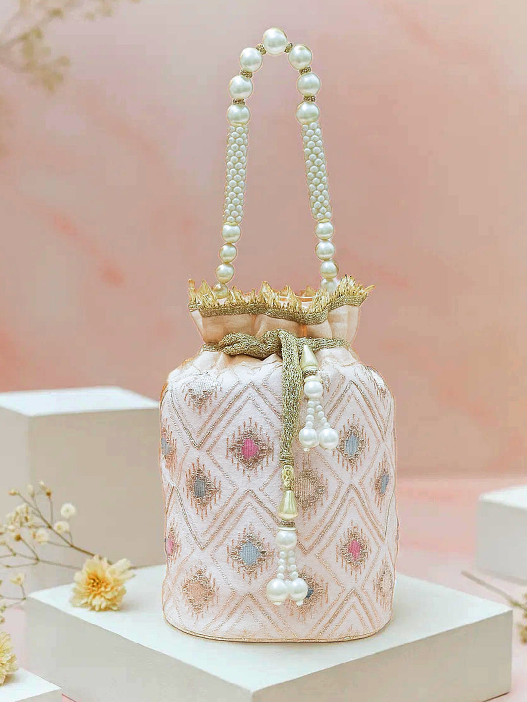 Rubans Pastel Pink Fabric Potli Bag with Multicolor Embroidery, Pearl Beaded Handle & Golden Tassel フリーサイズ