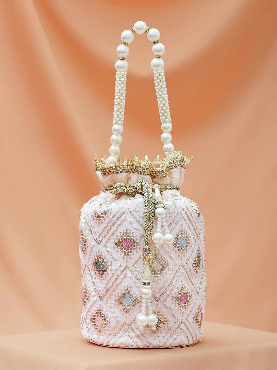 Rubans Pastel Pink Fabric Potli Bag with Multicolor Embroidery, Pearl Beaded Handle & Golden Tassel フリーサイズ