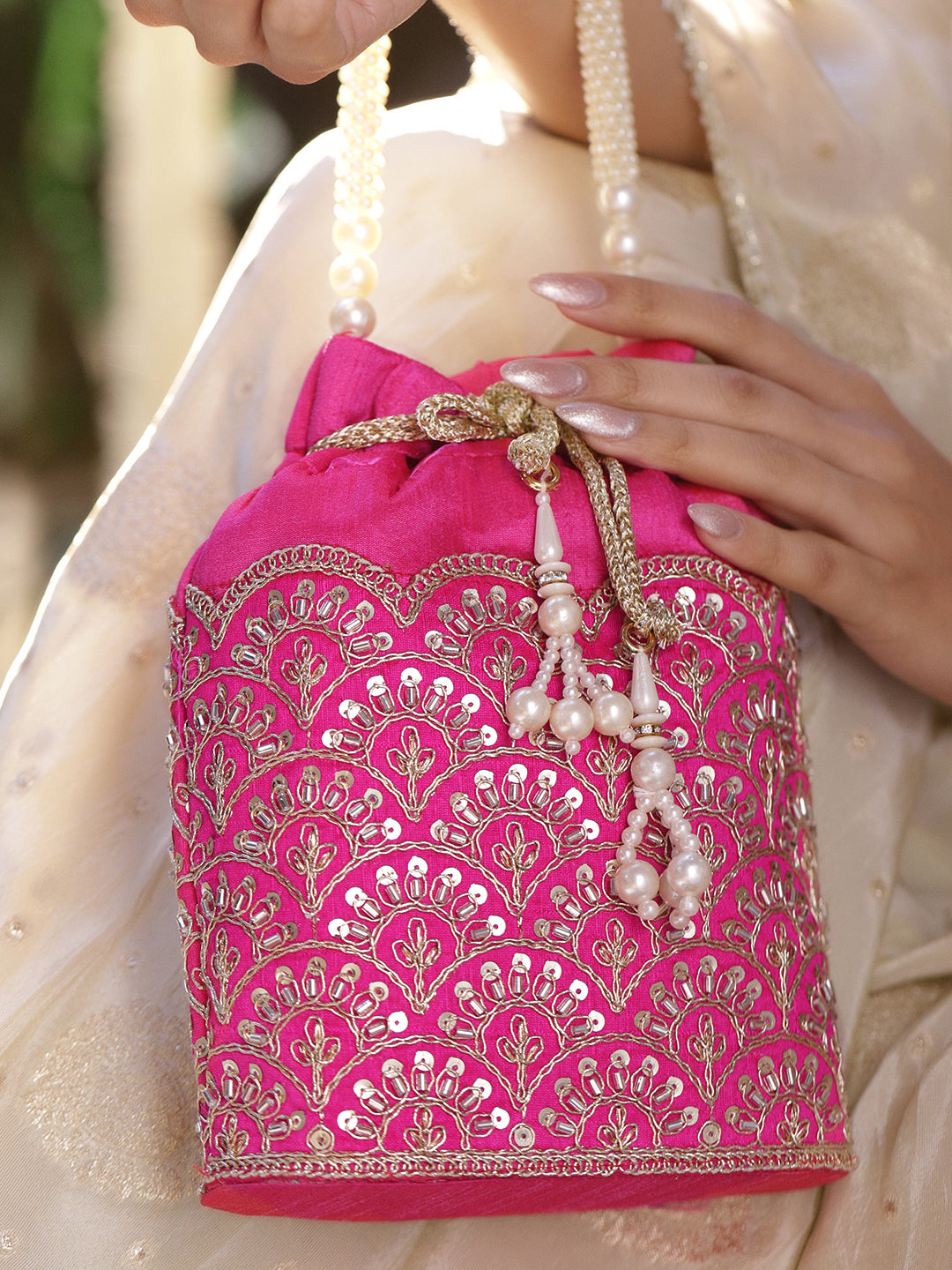 Rubans Bright Pink Potli Bag with Golden Zari Embroidery, Sequin Detailing & Pearl Beaded Handle フリーサイズ