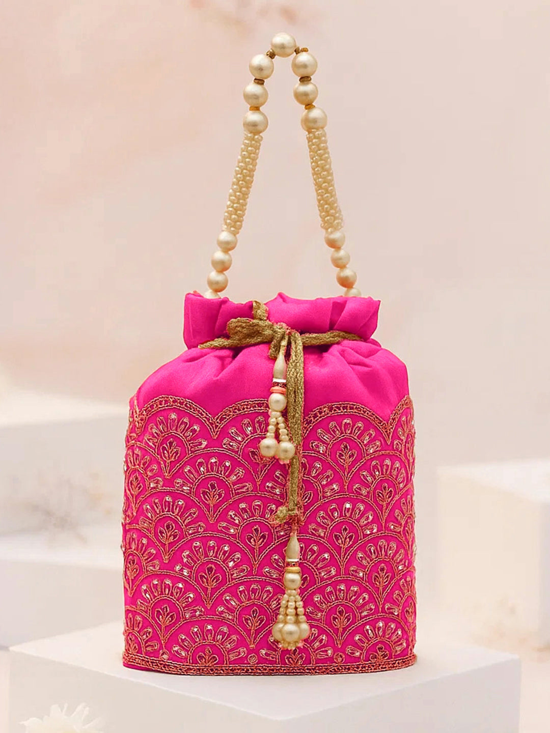 Rubans Bright Pink Potli Bag with Golden Zari Embroidery, Sequin Detailing & Pearl Beaded Handle フリーサイズ