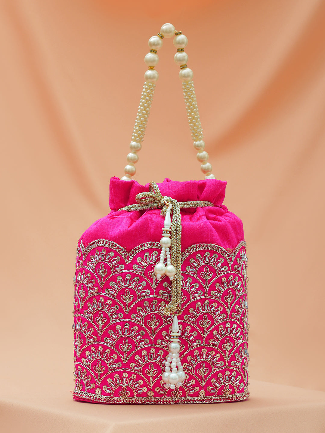 Rubans Bright Pink Potli Bag with Golden Zari Embroidery, Sequin Detailing & Pearl Beaded Handle フリーサイズ