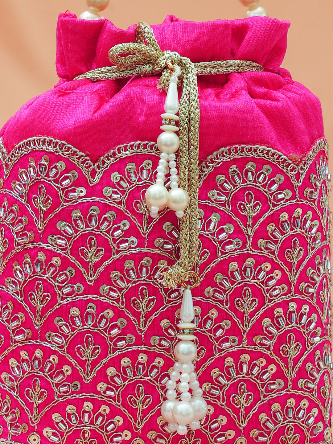 Rubans Bright Pink Potli Bag with Golden Zari Embroidery, Sequin Detailing & Pearl Beaded Handle フリーサイズ