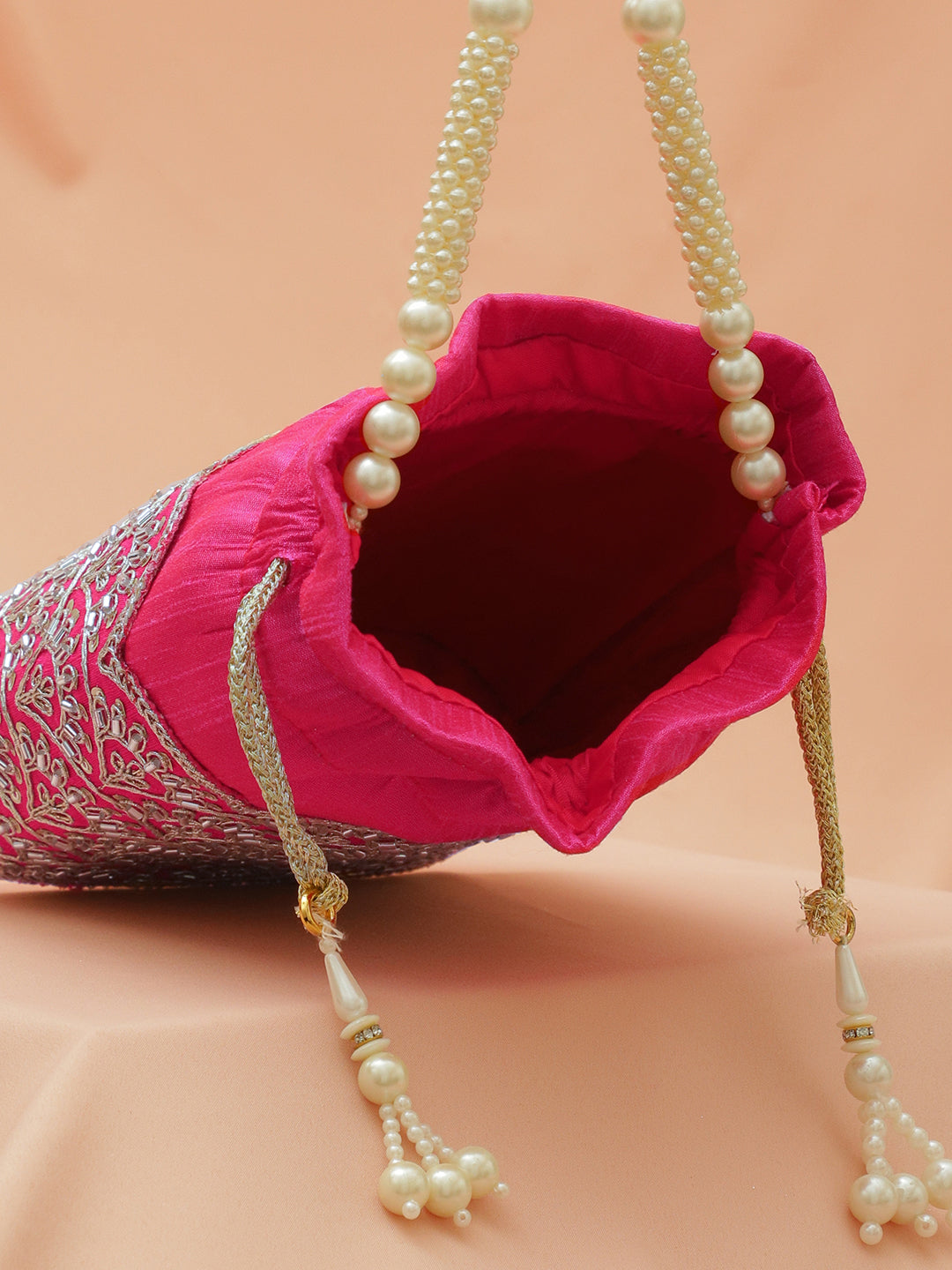 Rubans Bright Pink Potli Bag with Golden Zari Embroidery, Sequin Detailing & Pearl Beaded Handle フリーサイズ