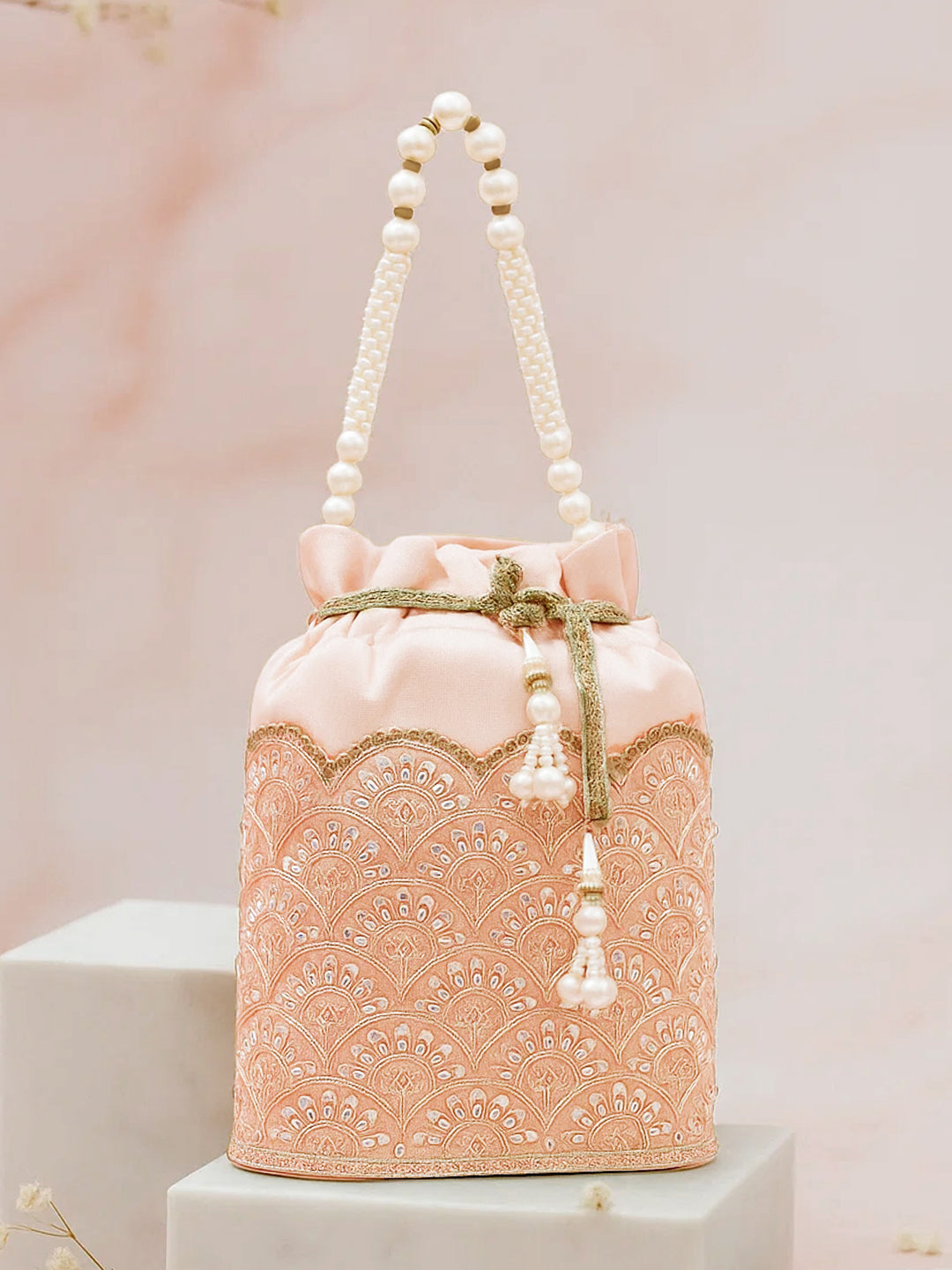 Women Peach Fabric Potli Bag with Golden Embroidery, White Stones & Pearl Tassel Handle フリーサイズ