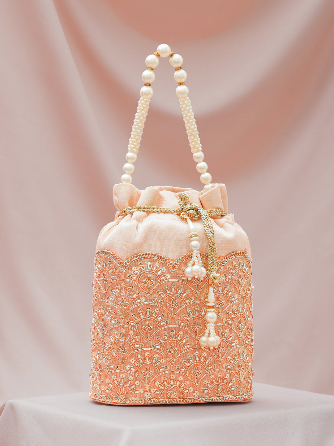 Women Peach Fabric Potli Bag with Golden Embroidery, White Stones & Pearl Tassel Handle フリーサイズ