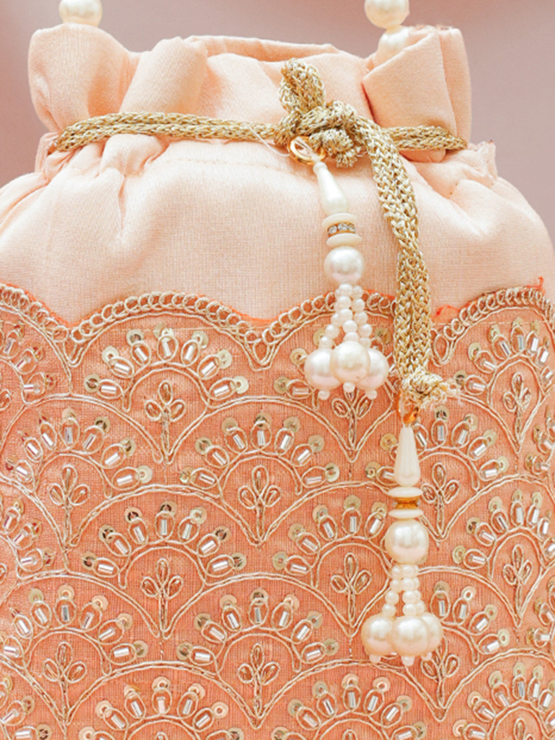 Women Peach Fabric Potli Bag with Golden Embroidery, White Stones & Pearl Tassel Handle フリーサイズ
