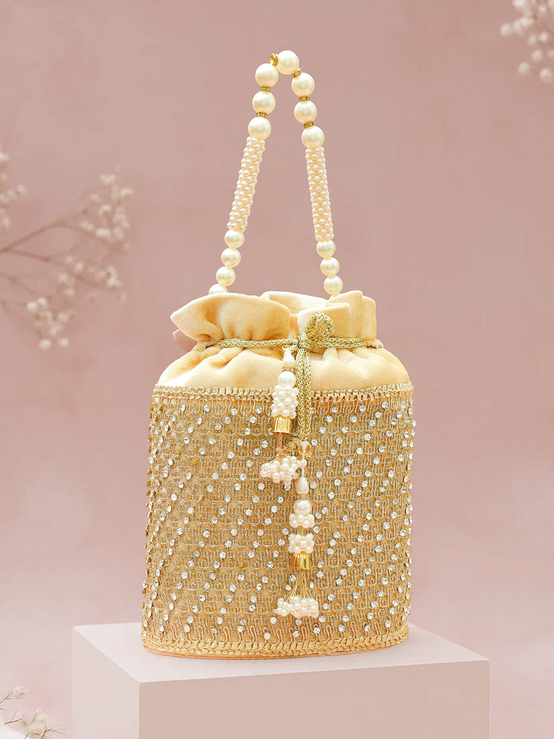 Beige Embroidered Potli Bag With Pearl Handle フリーサイズ
