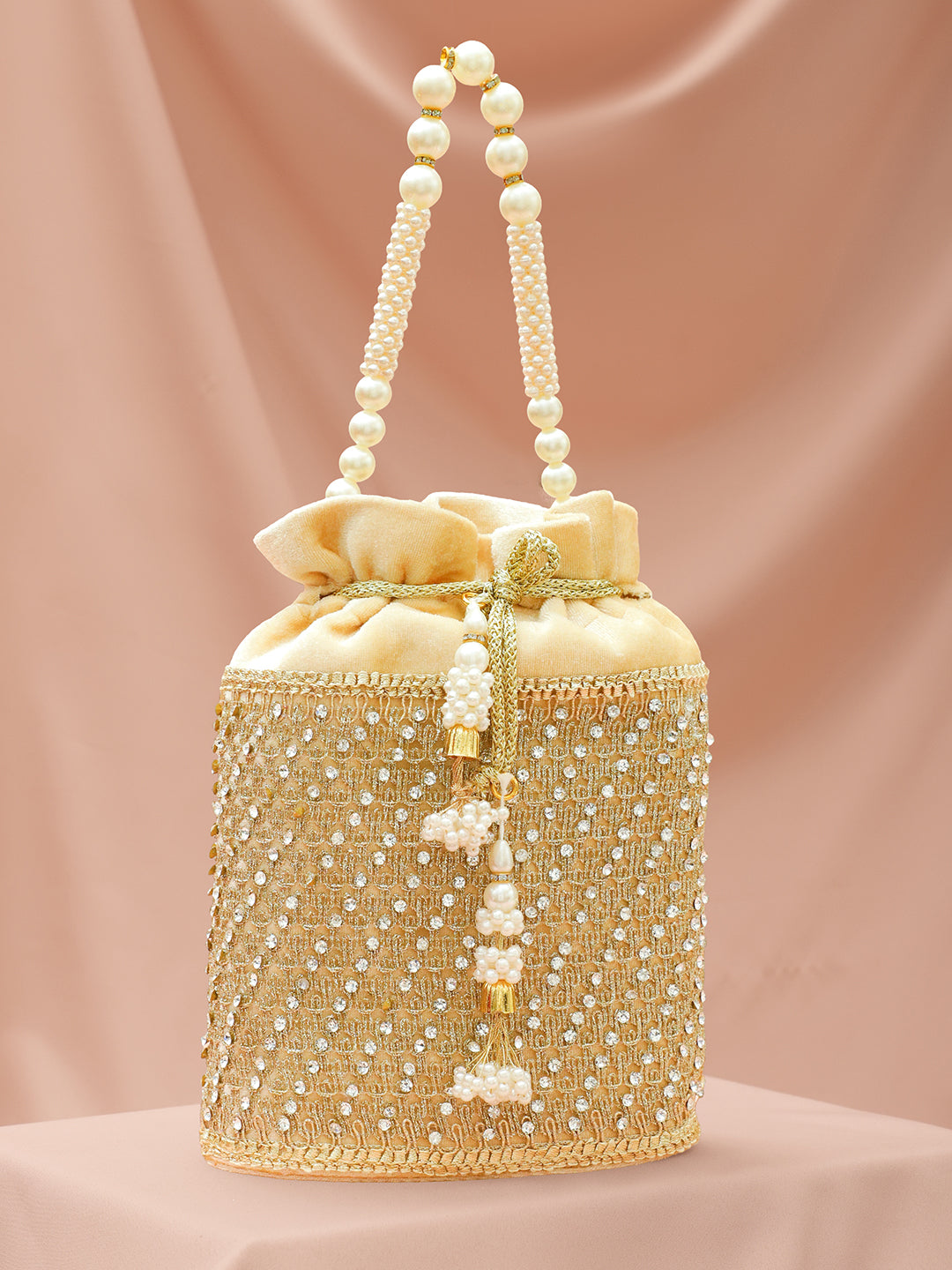 Beige Embroidered Potli Bag With Pearl Handle フリーサイズ
