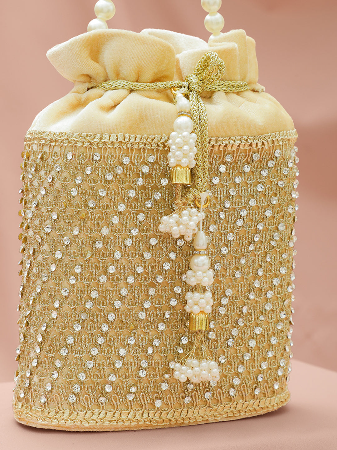 Beige Embroidered Potli Bag With Pearl Handle フリーサイズ