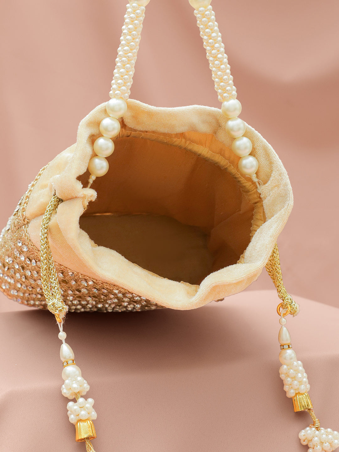 Beige Embroidered Potli Bag With Pearl Handle フリーサイズ