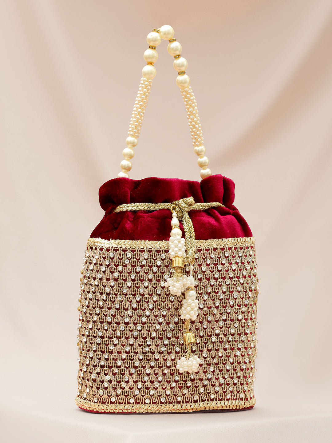 Rubans Red Velvet Potli Bag with Pearl Handle, Golden Embroidery & Stone Detailing フリーサイズ