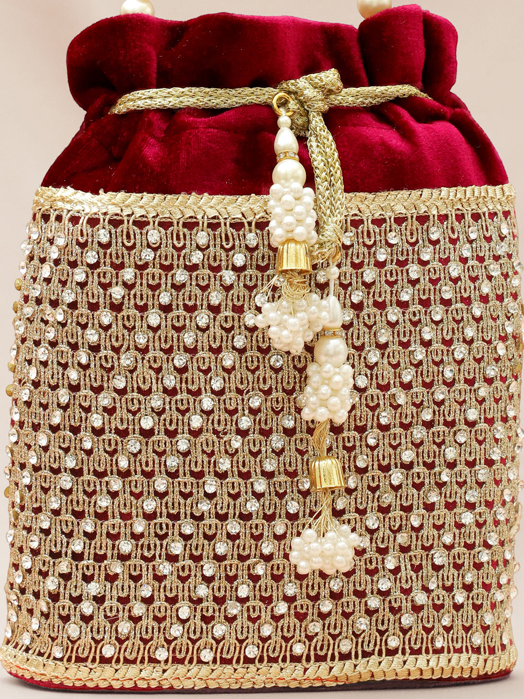 Rubans Red Velvet Potli Bag with Pearl Handle, Golden Embroidery & Stone Detailing フリーサイズ
