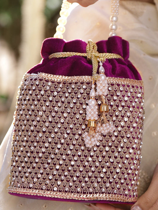 Rubans Purple Velvet Potli Bag with Pearl Handle, Golden Embroidery & Stone Detailing フリーサイズ
