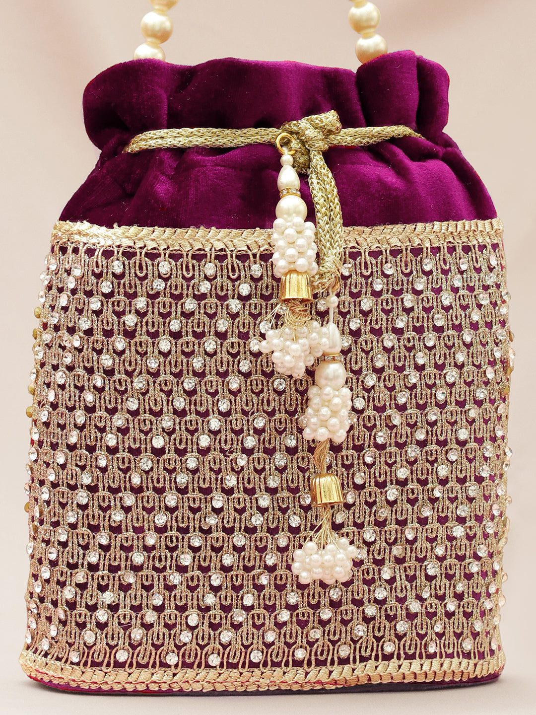 Rubans Purple Velvet Potli Bag with Pearl Handle, Golden Embroidery & Stone Detailing フリーサイズ