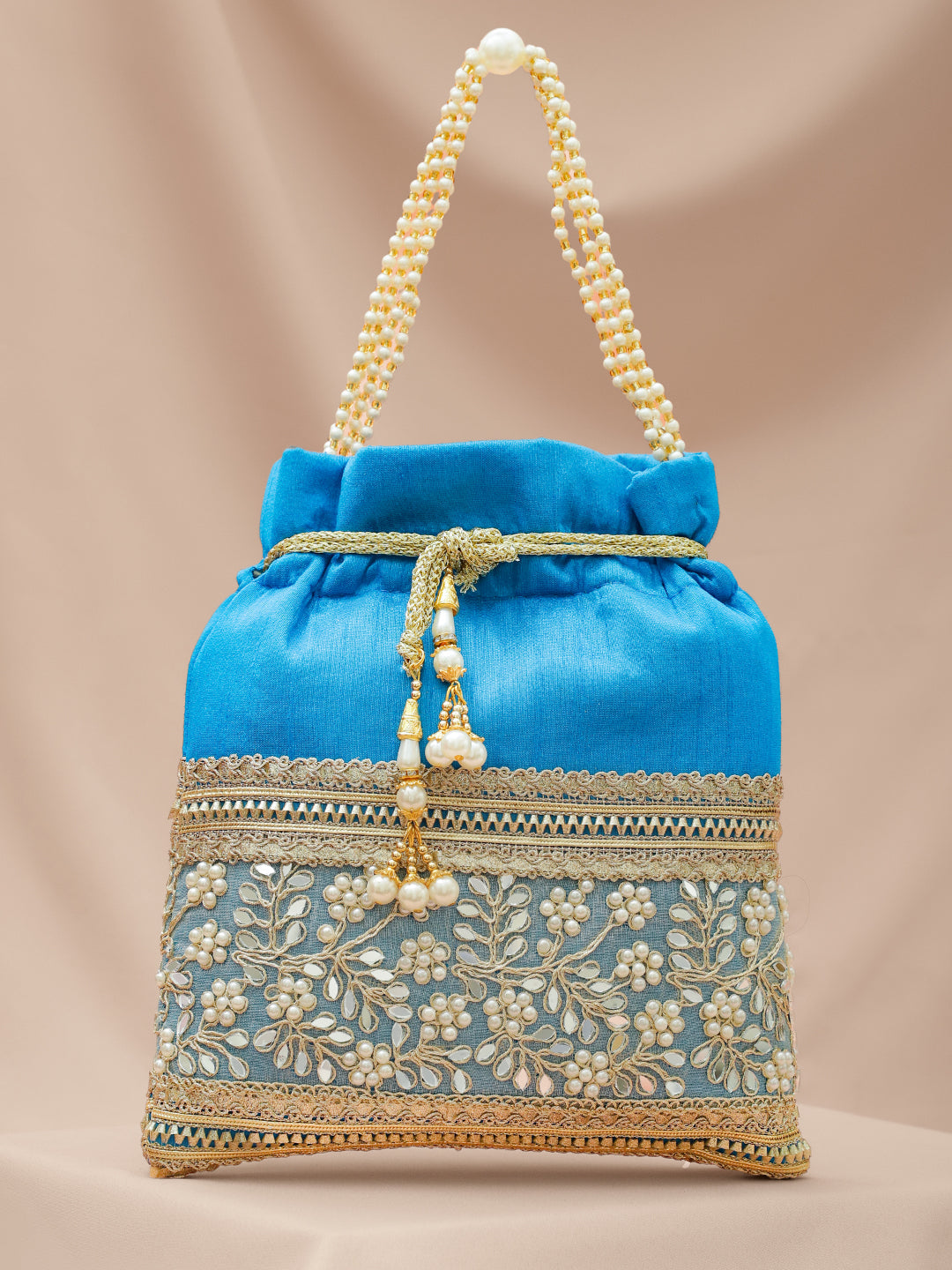 Rubans Women Embellished Wrist Loop Potli Clutch with Golden Zari Border & Beaded Handle フリーサイズ