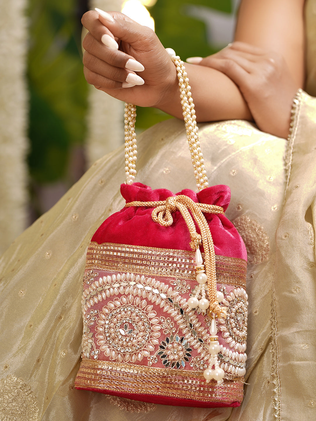 Bridal Rose Pink Pearl Potli Bag フリーサイズ