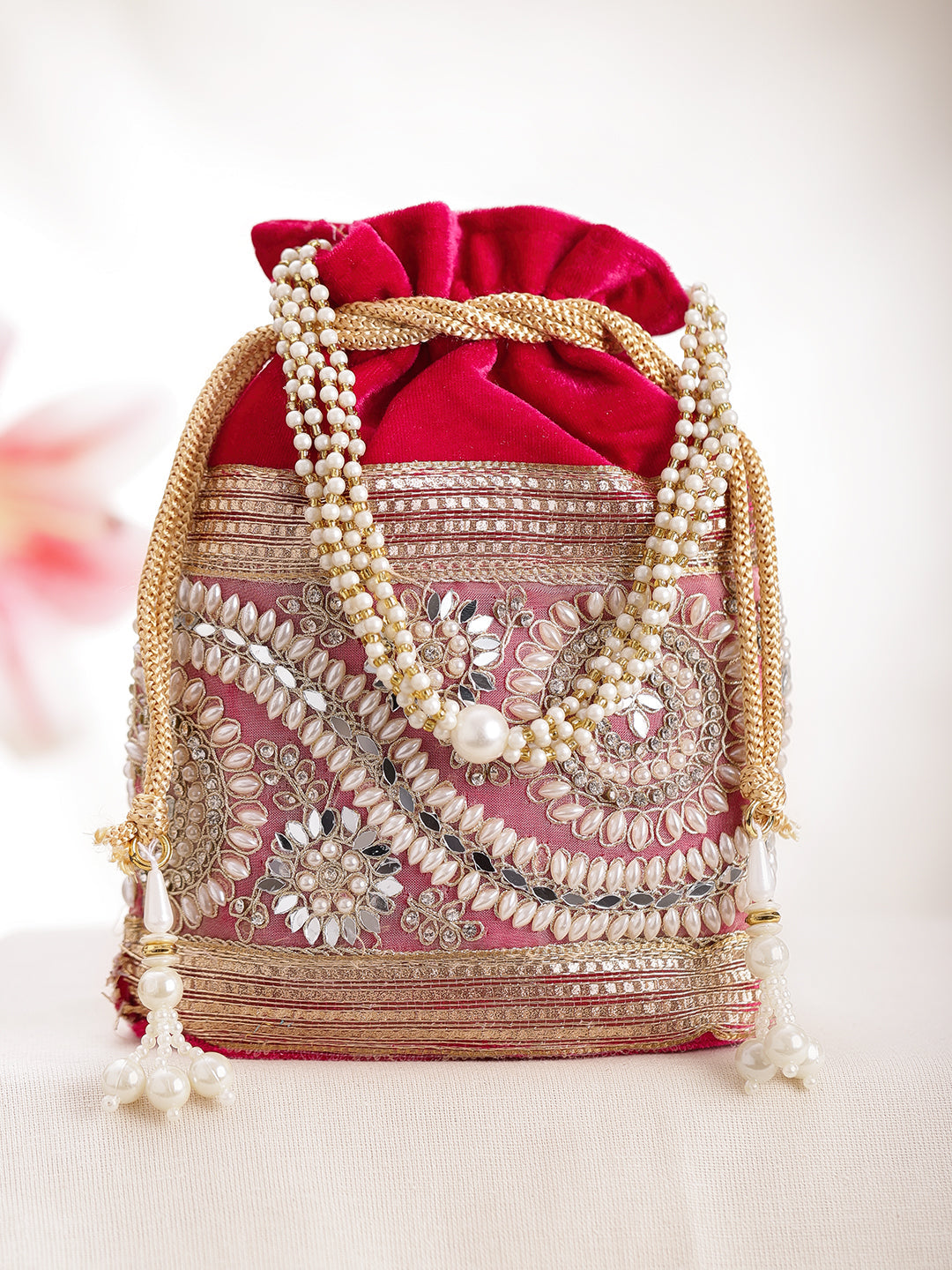 Bridal Rose Pink Pearl Potli Bag フリーサイズ