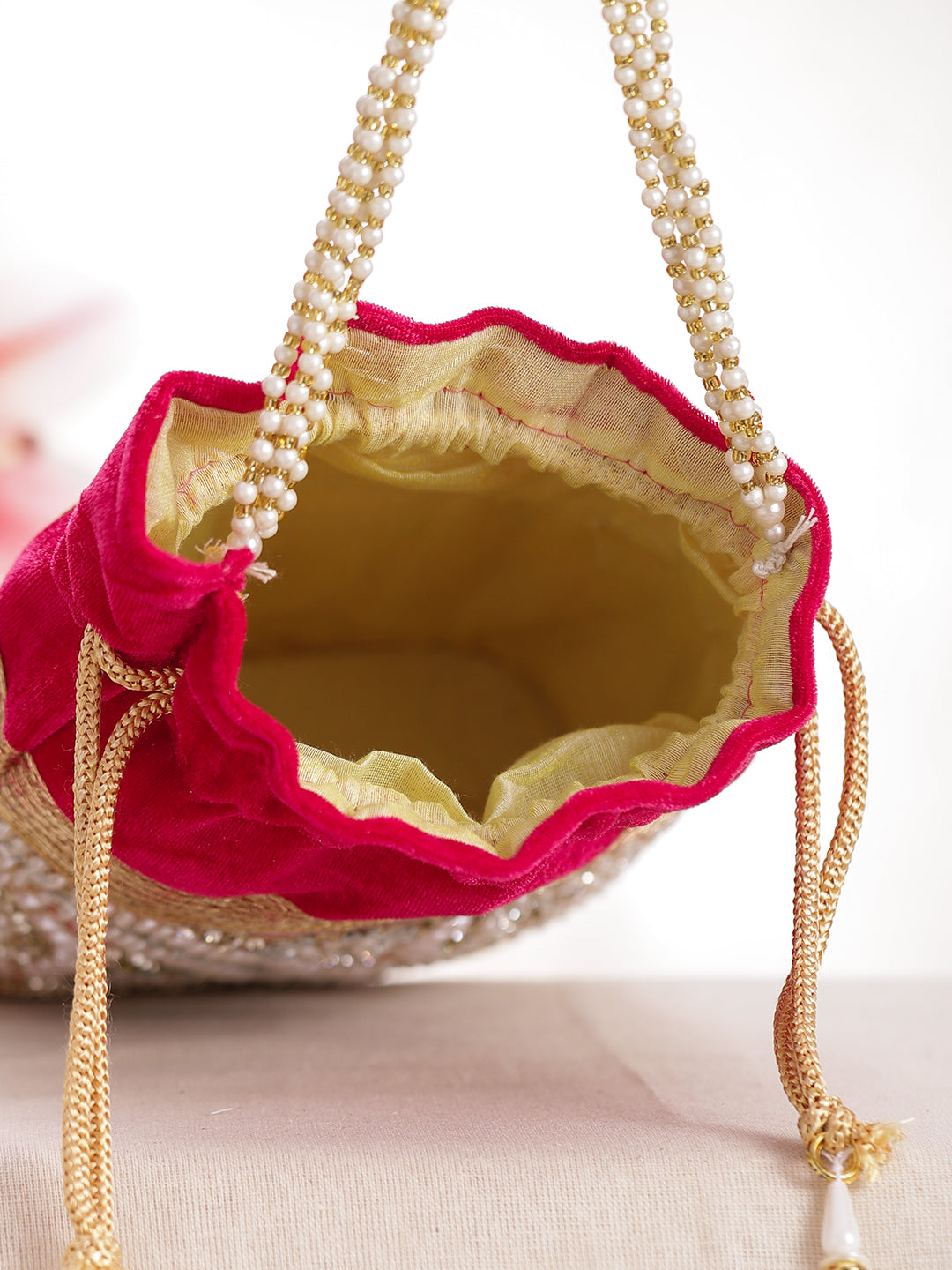 Bridal Rose Pink Pearl Potli Bag フリーサイズ