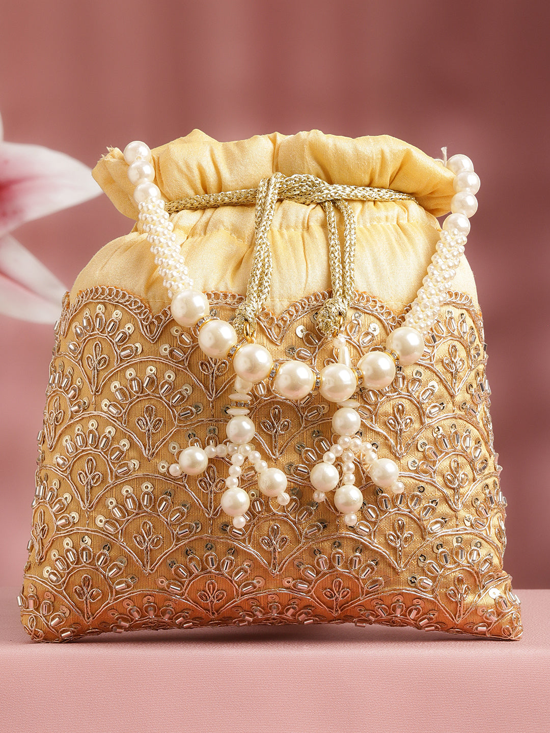【Rubans】 Mustard Yellow Embellished Pearl Handle Potli Bag｜マスタードイエロー パールハンドル ポトリバッグ