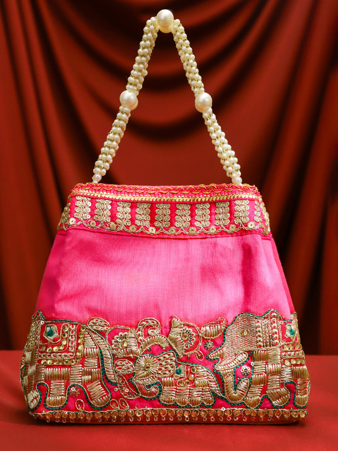 Rubans Pink Silk Potli Bag with Pearl Handle and Intricate Elephant Motif Embroidery Pink