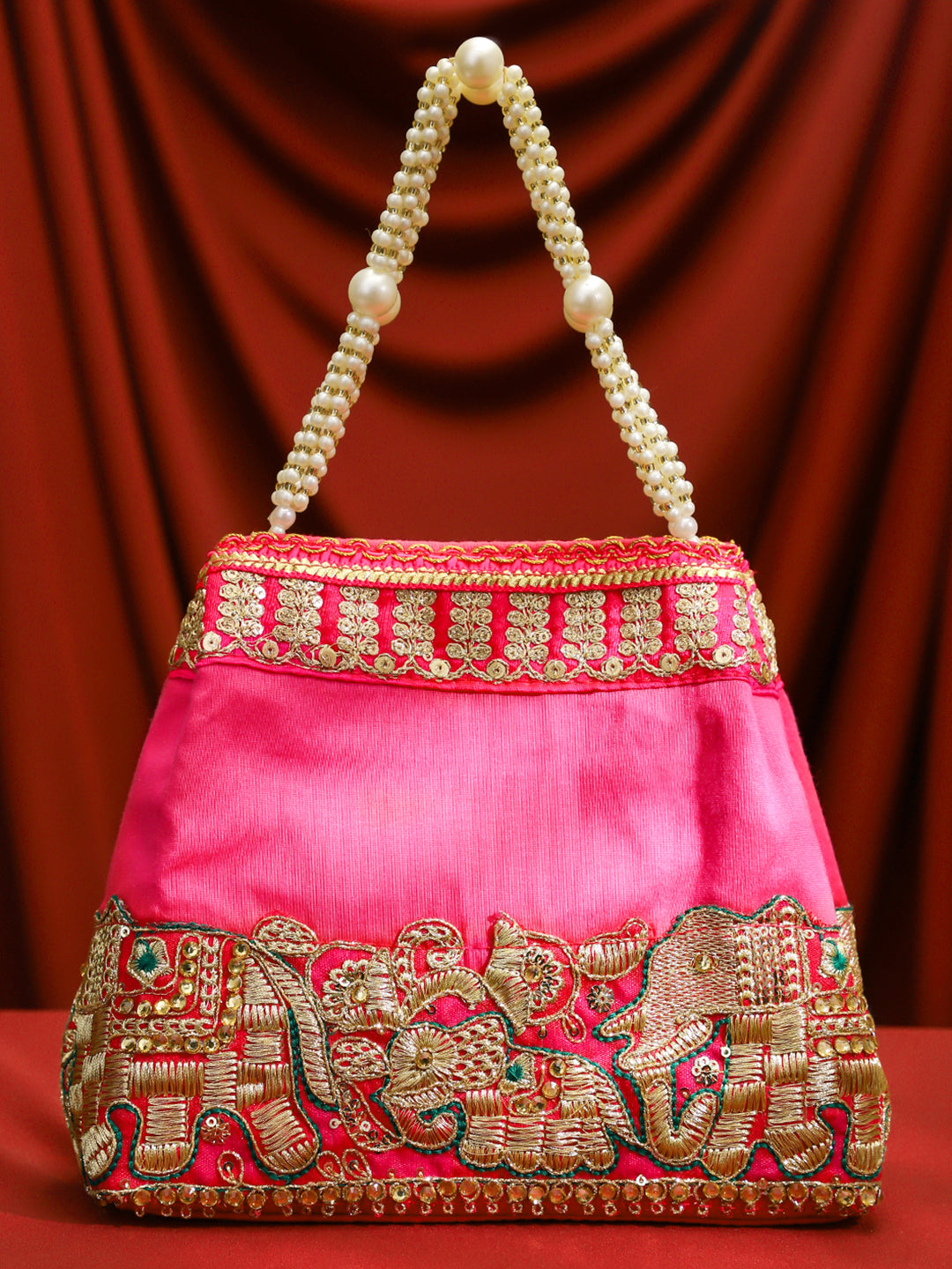 Rubans Pink Silk Potli Bag with Pearl Handle and Intricate Elephant Motif Embroidery Pink