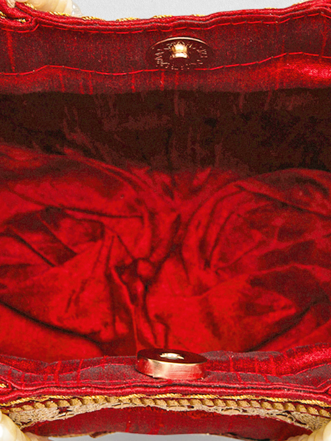 Rubans Red Embroidered & Green Border Potli Bag with Pearl Handle & Elephant Motif Details Red