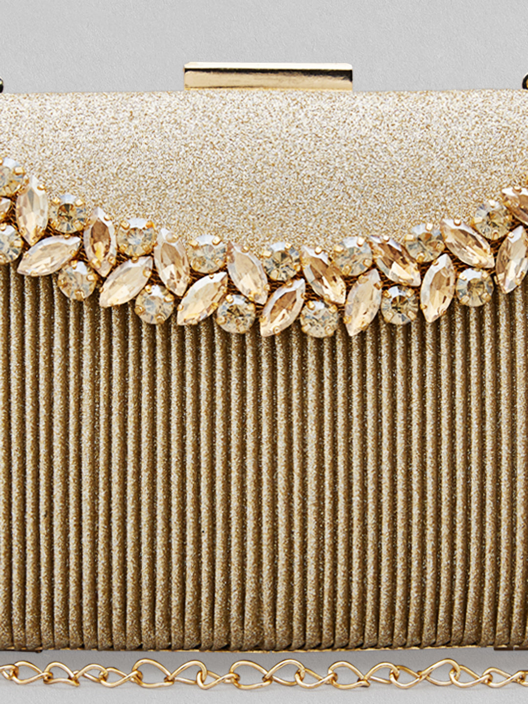 Rubans Golden-Tone Box Clutch Sling Bag Featuring American Diamonds Gold