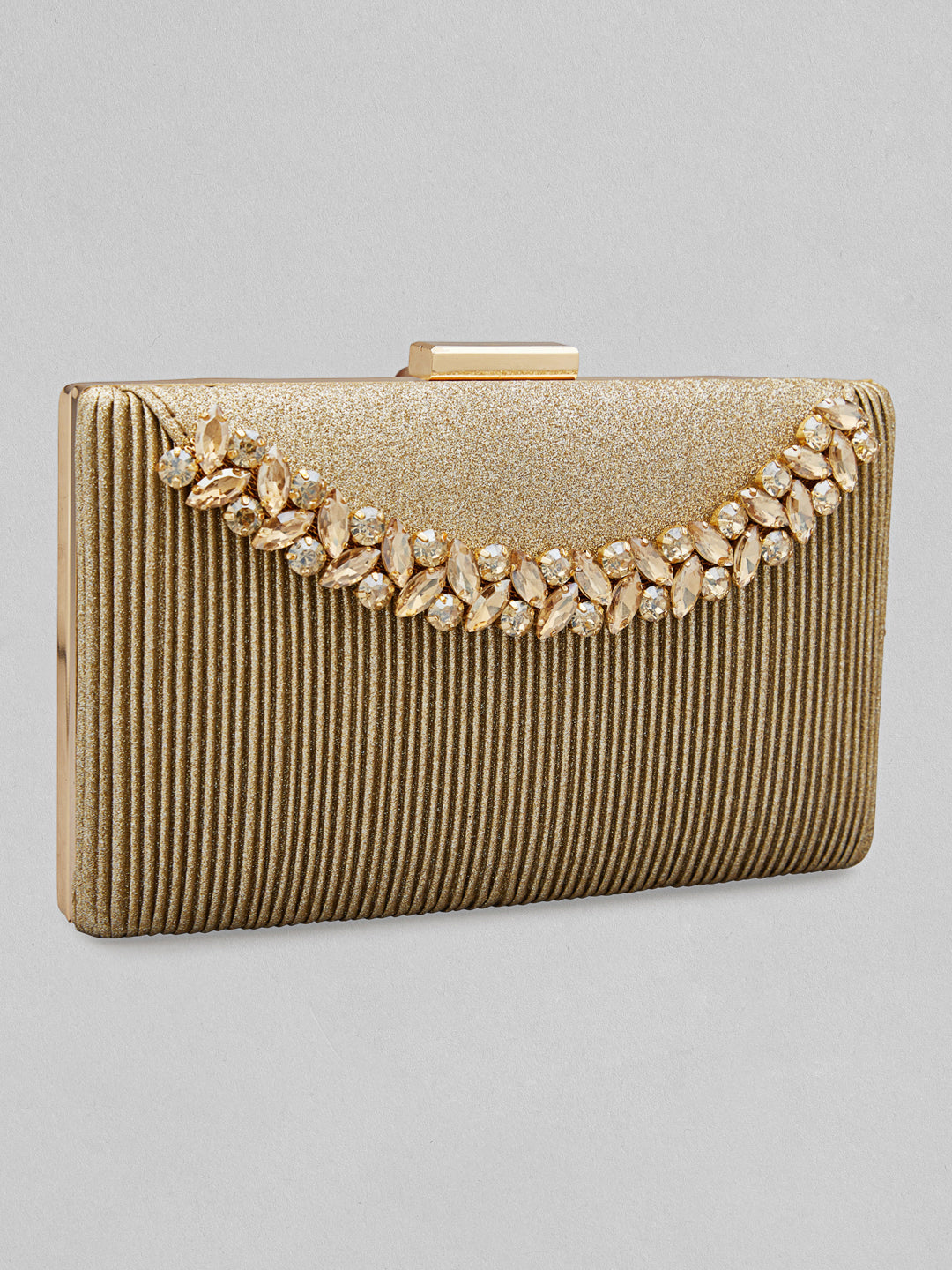 Rubans Golden-Tone Box Clutch Sling Bag Featuring American Diamonds Gold