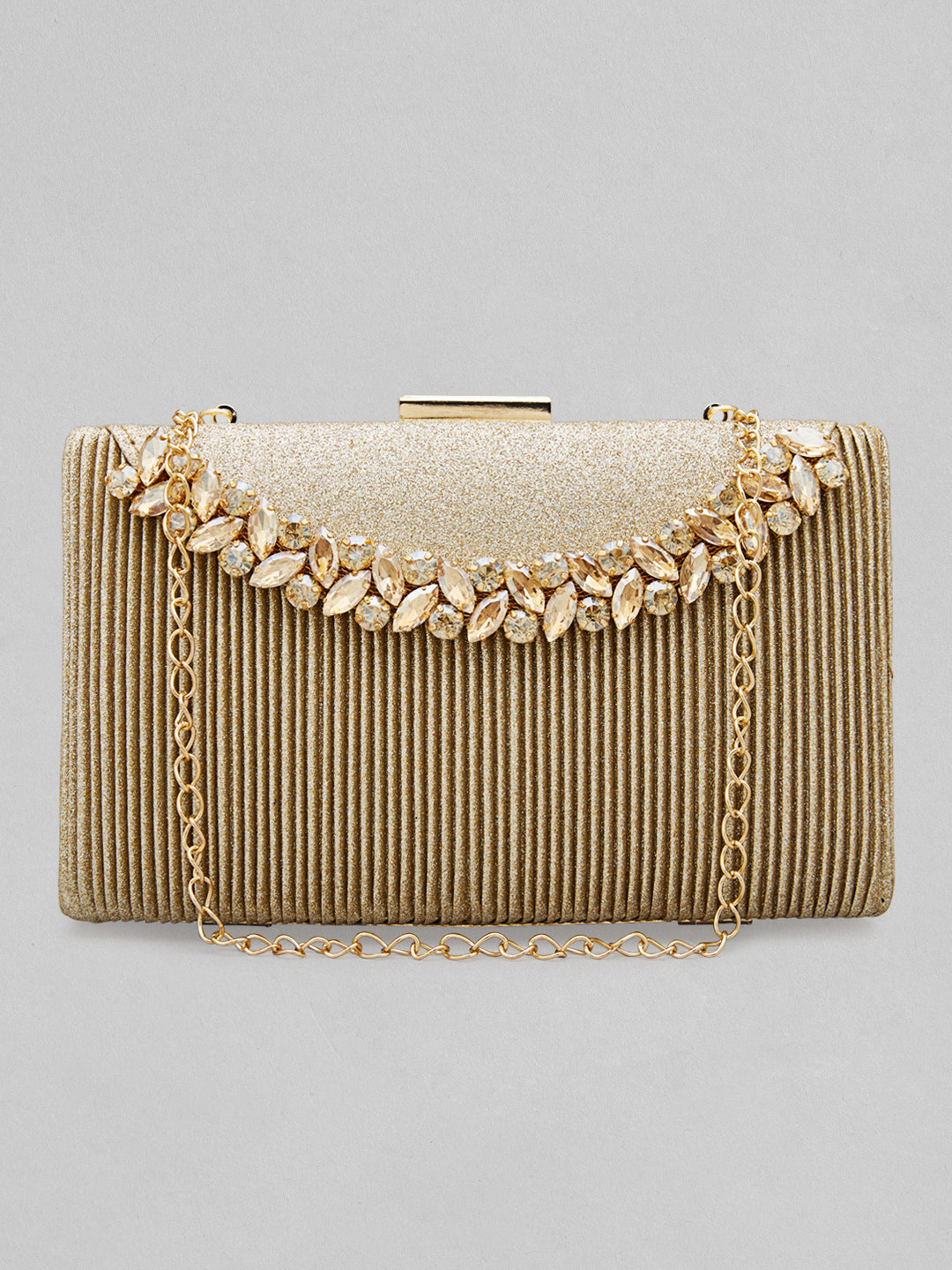 Rubans Golden-Tone Box Clutch Sling Bag Featuring American Diamonds Gold