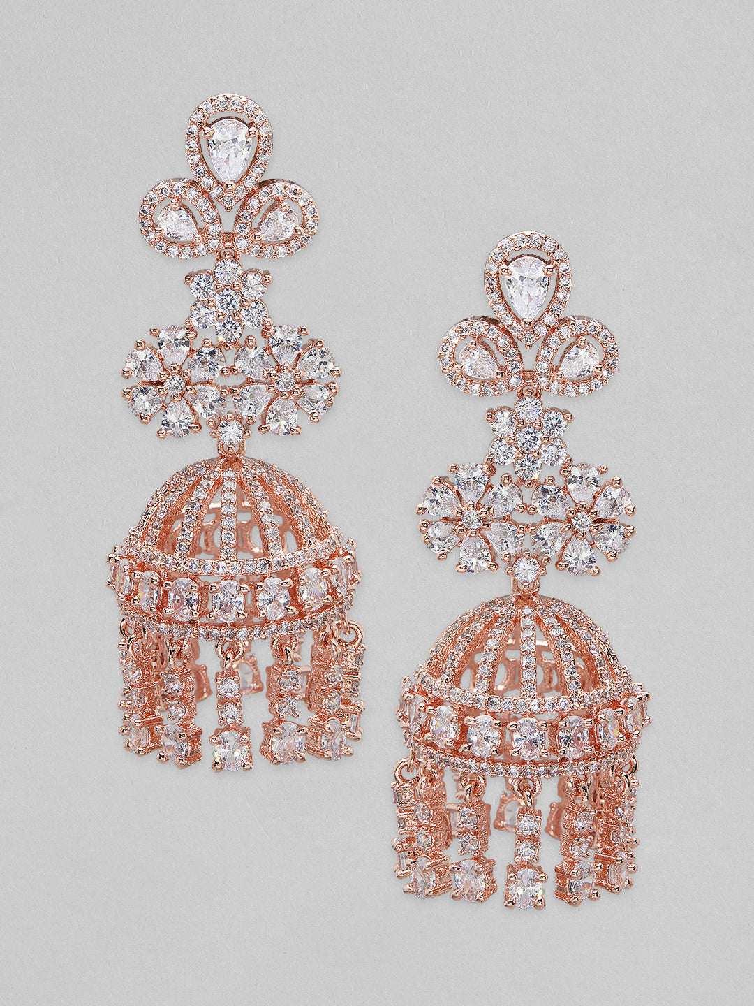 Artistic White American Diamond Zirconia Jhumka Rose gold
