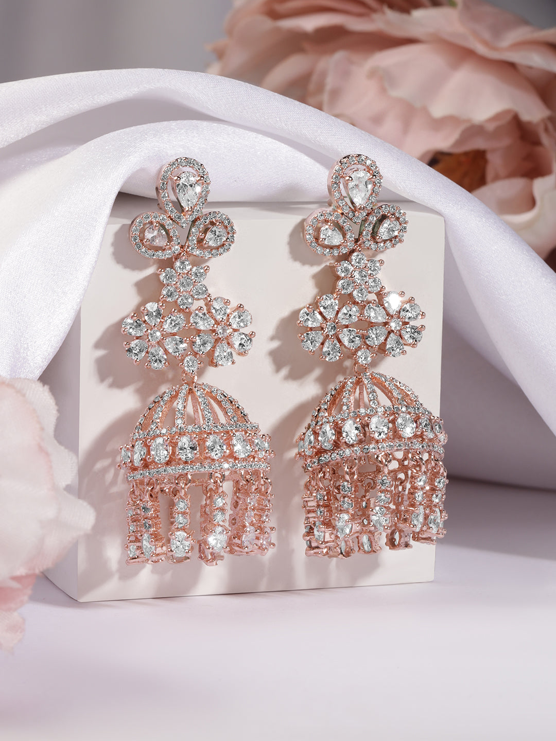 Artistic White American Diamond Zirconia Jhumka Silver